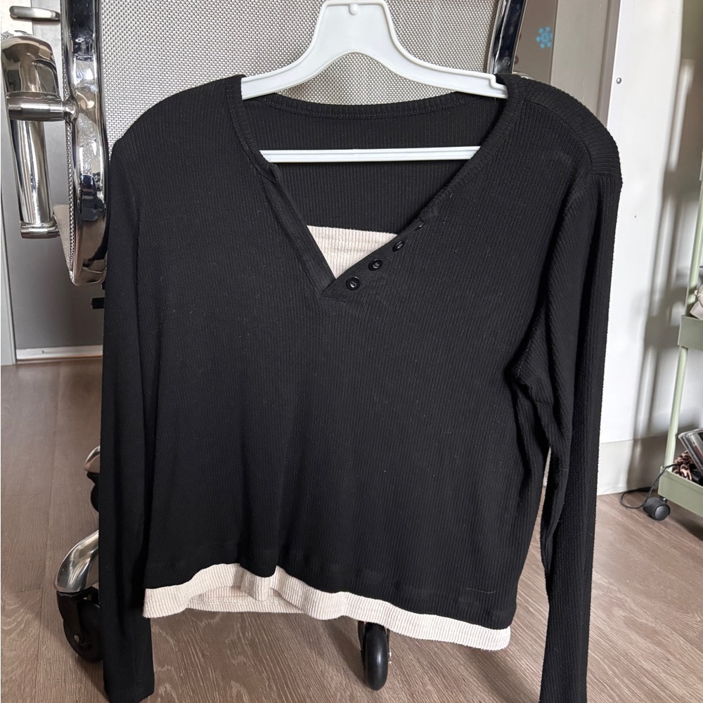 Black and Cream V-Neck Women's Top